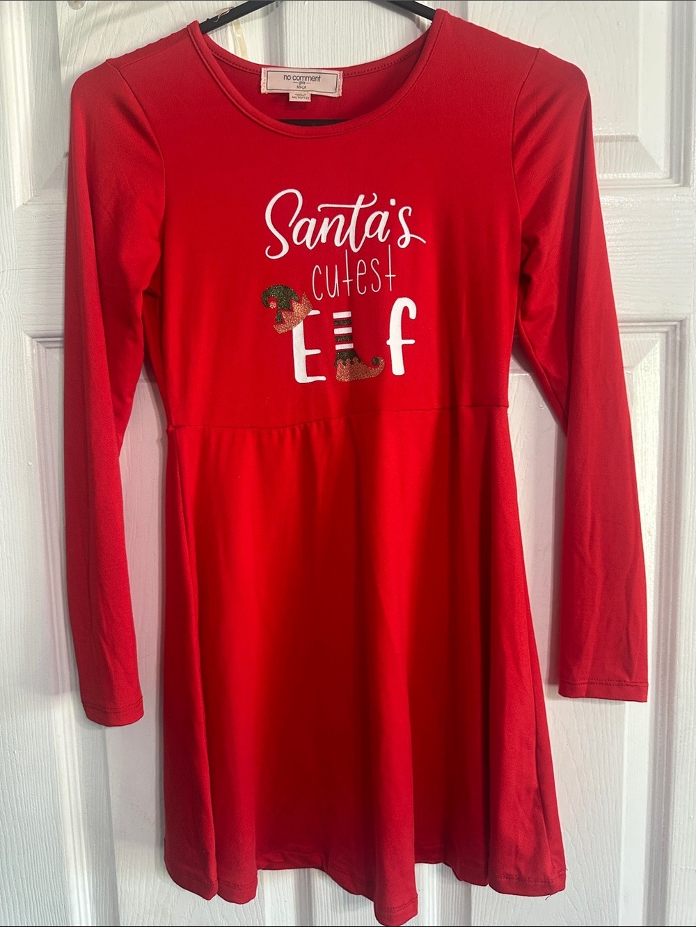 Girls' Red 'Santa's Cutest Elf' Long-Sleeve Dress. Size. 10/12